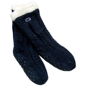 navy lounge socks with Penn State Athletic Logo and white sherpa fleece lining